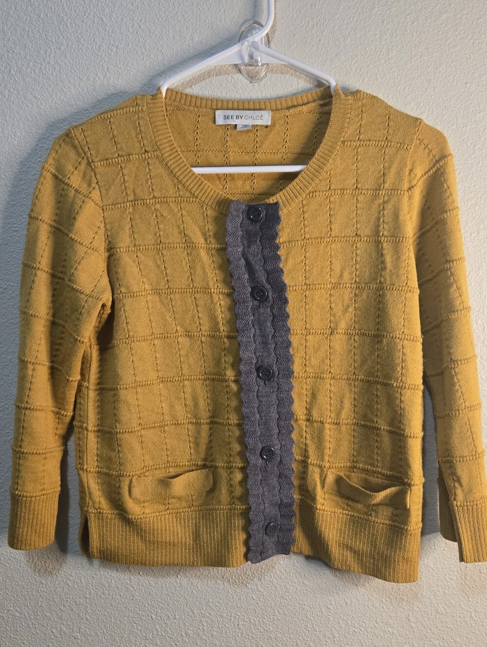 See By Chloé Textured Knit Scalloped Trim Cardigan - Mustard Yellow